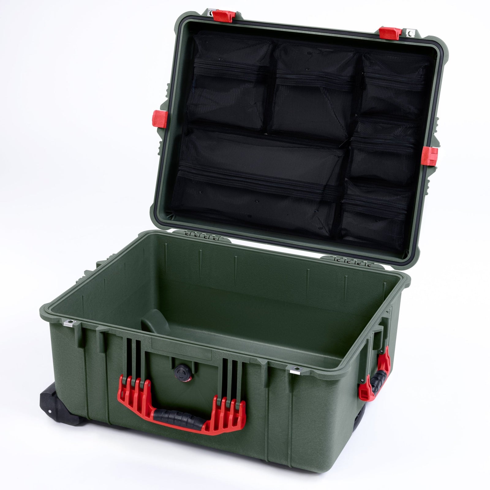 Pelican 1610 Case, OD Green with Red Handles and Latches - Mesh Lid Organizer Only