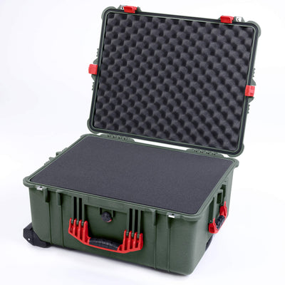 Pelican 1610 Case, OD Green with Red Handles and Latches Pick & Pluck Foam with Convoluted Lid Foam ColorCase 016100-0001-130-320