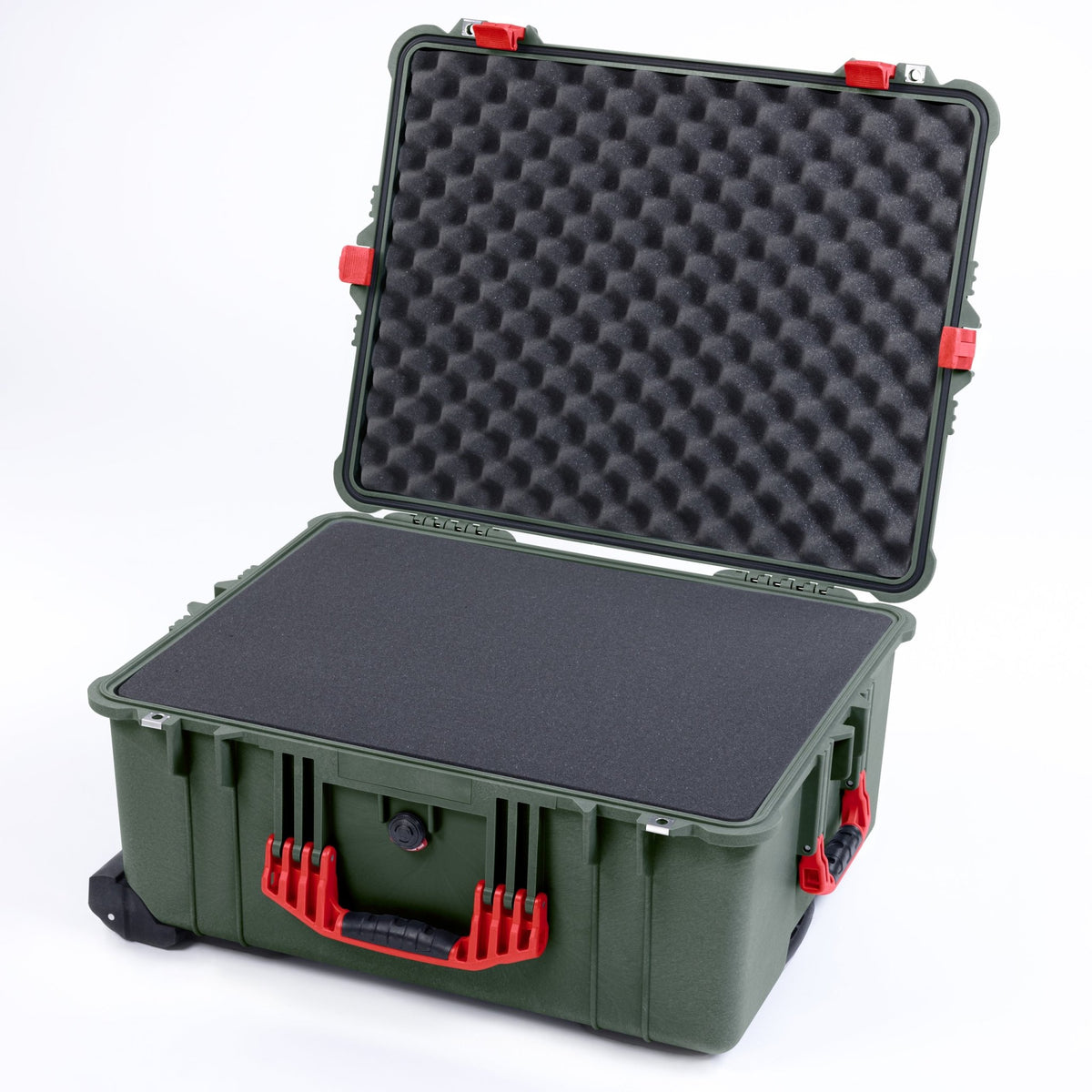 Pelican 1610 Case, OD Green with Red Handles and Latches - Pick &amp; Pluck Foam / Lid Foam