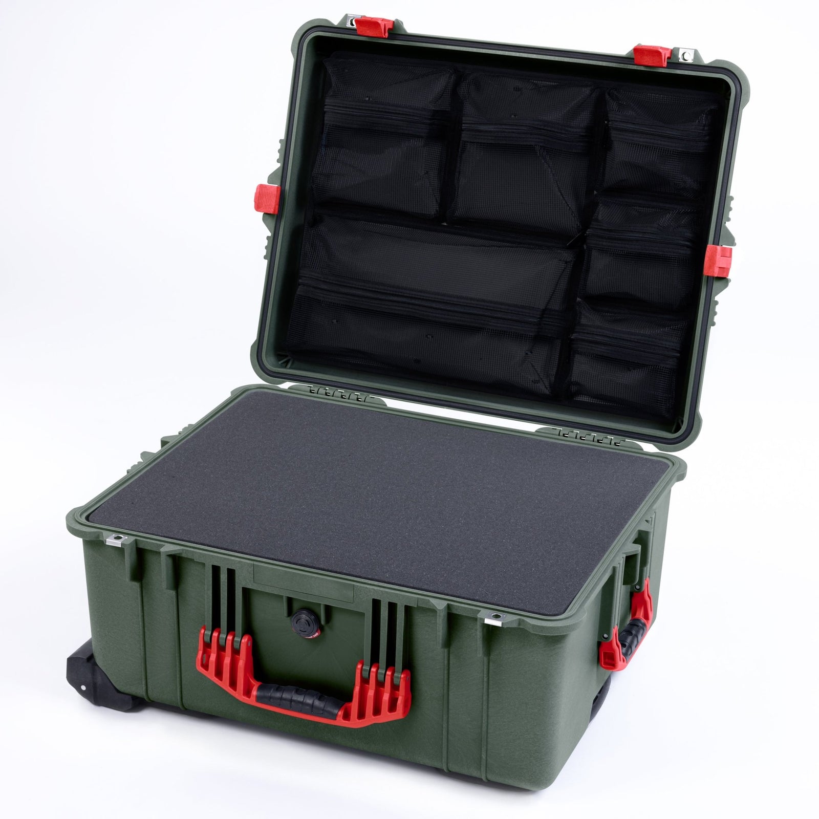Pelican 1610 Case, OD Green with Red Handles and Latches - Pick & Pluck Foam / Mesh Lid Organizer