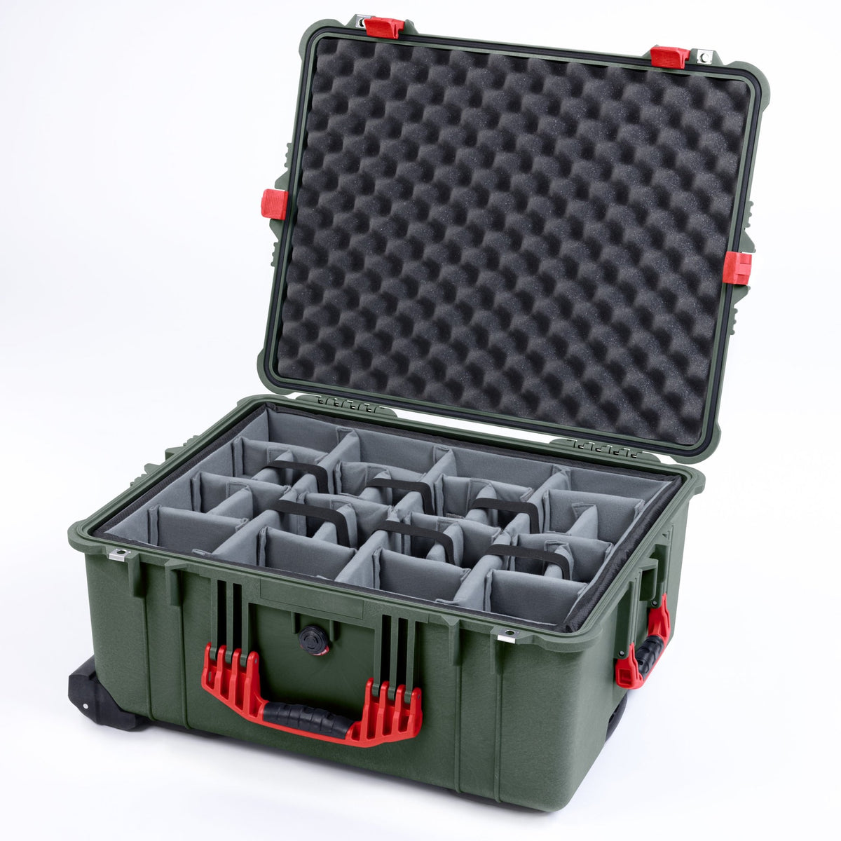 Pelican 1610 Case, OD Green with Red Handles and Latches - Padded Microfiber Dividers / Convoluted Lid Foam