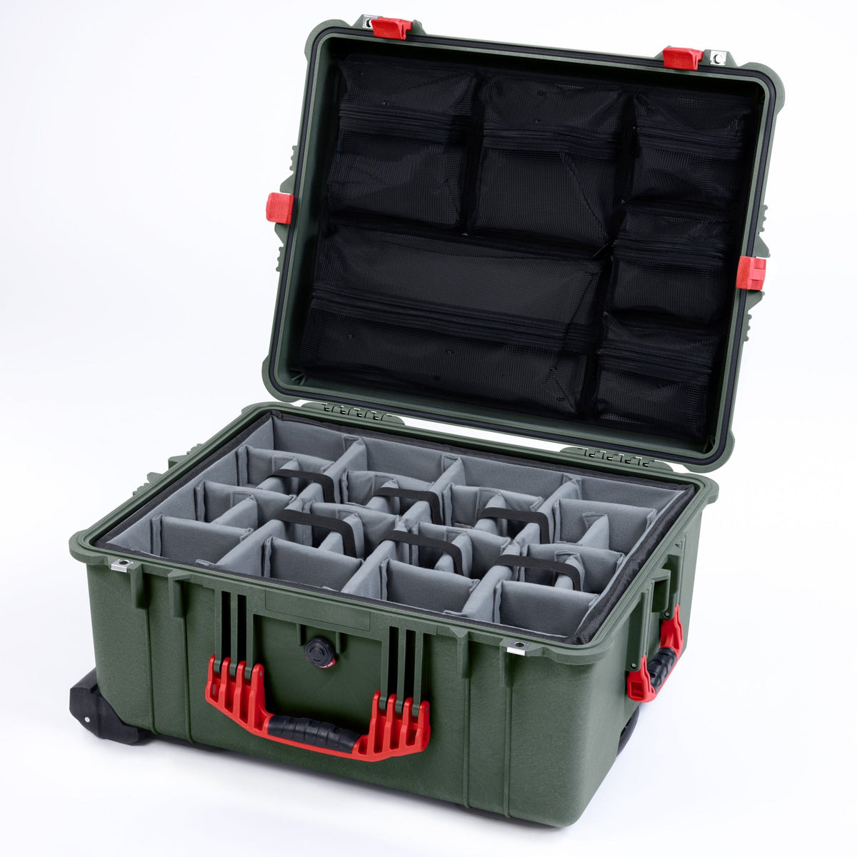 Pelican 1610 Case, OD Green with Red Handles and Latches - Padded Microfiber Dividers / Mesh Lid Organizer