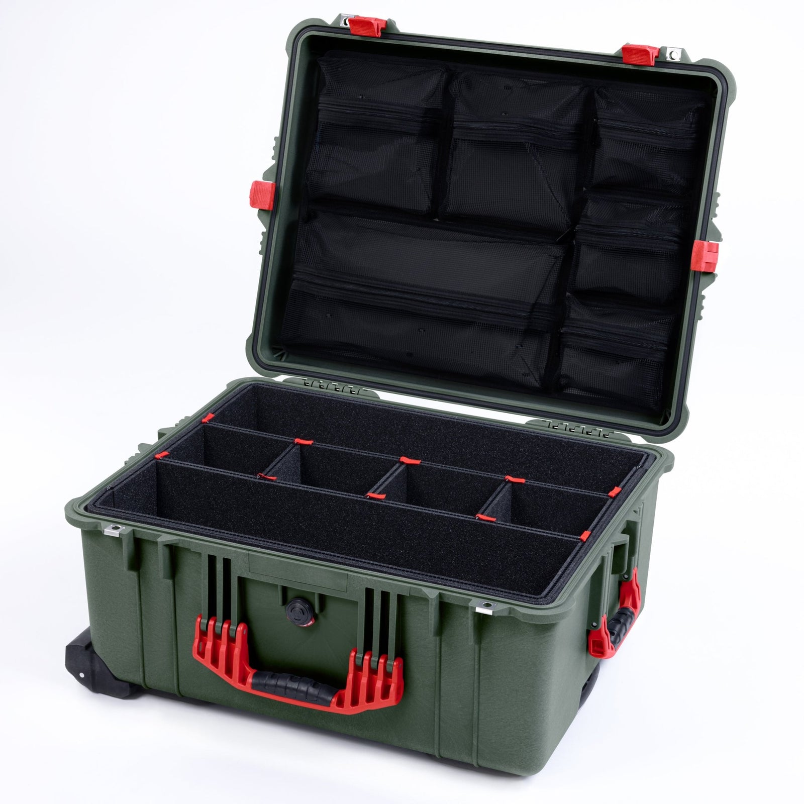 Pelican 1610 Case, OD Green with Red Handles and Latches - TrekPak Divider System / Mesh Lid Organizer