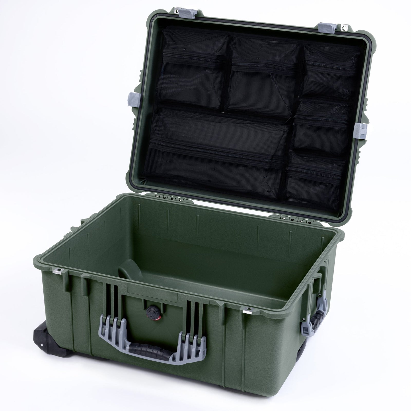 Pelican 1610 Case, OD Green with Silver Handles and Latches - Mesh Lid Organizer Only