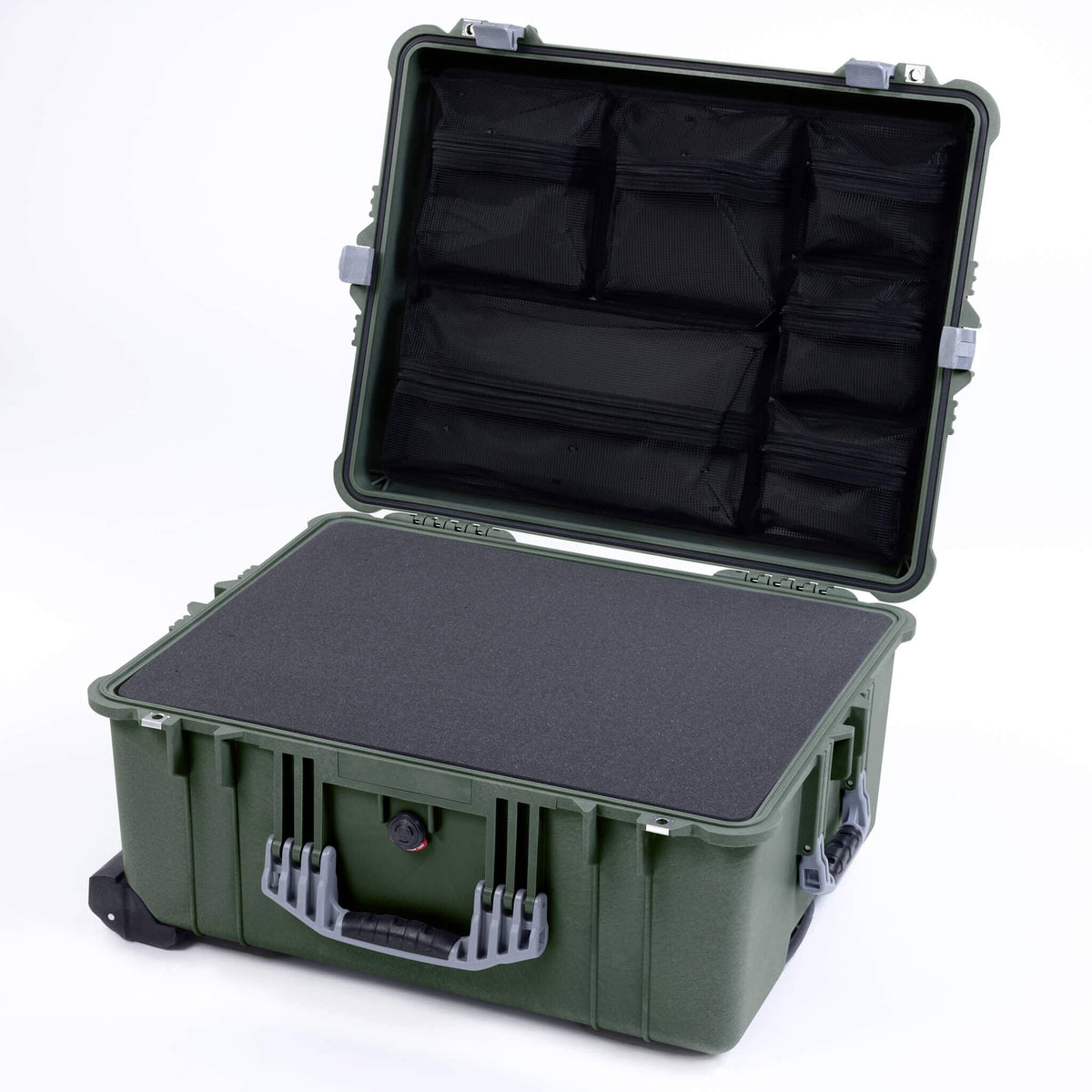 Pelican 1610 Case, OD Green with Silver Handles and Latches Pick &amp; Pluck Foam with Mesh Lid Organizer ColorCase 016100-0101-130-180