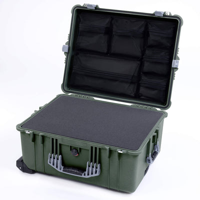 Pelican 1610 Case, OD Green with Silver Handles and Latches Pick & Pluck Foam with Mesh Lid Organizer ColorCase 016100-0101-130-180