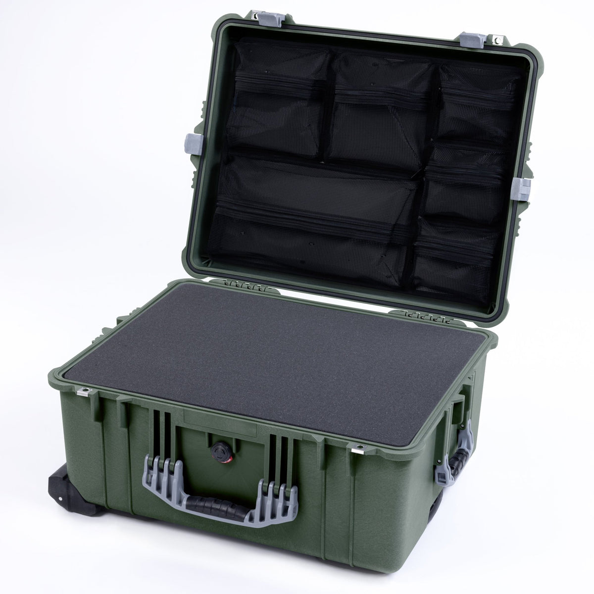 Pelican 1610 Case, OD Green with Silver Handles and Latches - Pick &amp; Pluck Foam / Mesh Lid Organizer