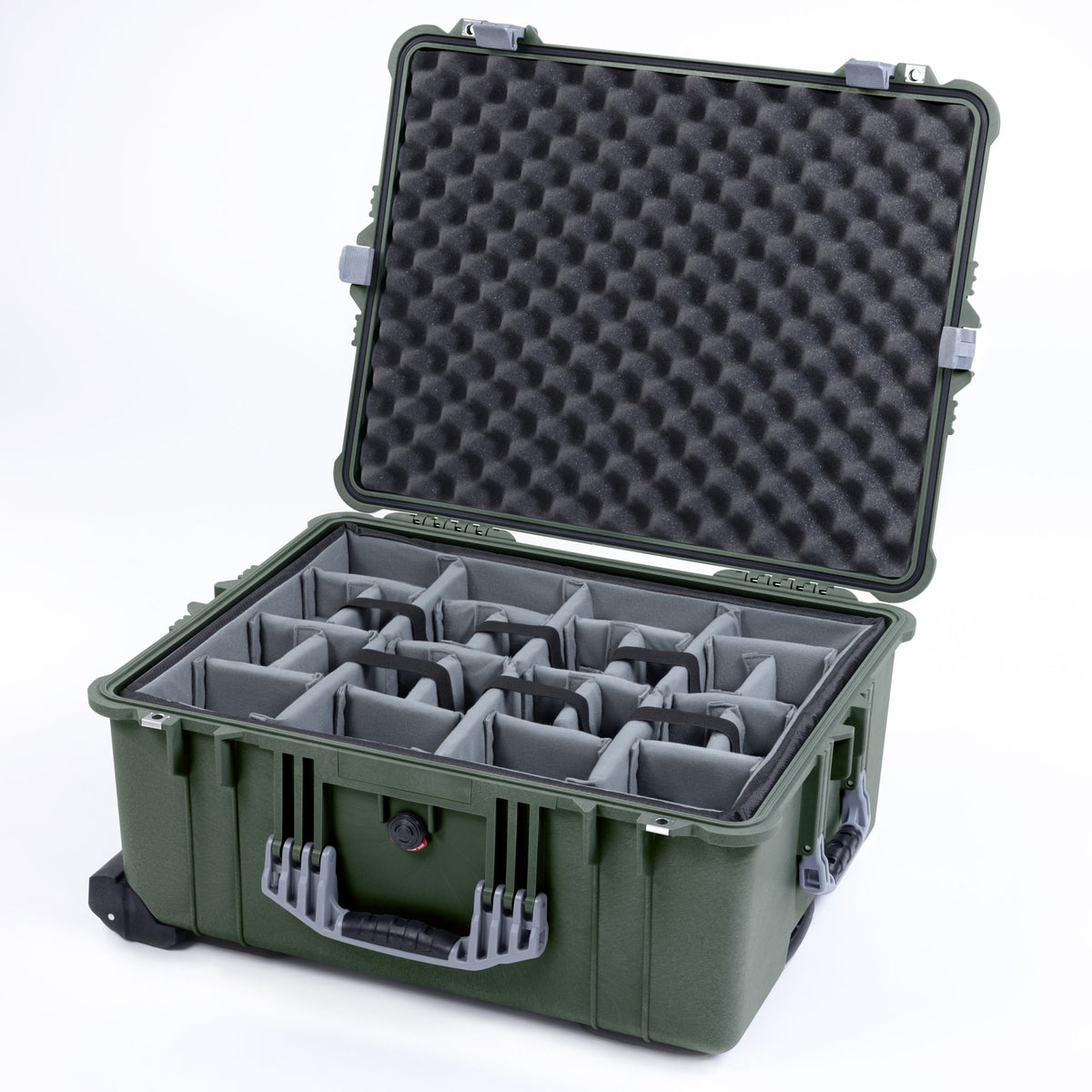 Pelican 1610 Case, OD Green with Silver Handles and Latches - Padded Microfiber Dividers / Convoluted Lid Foam