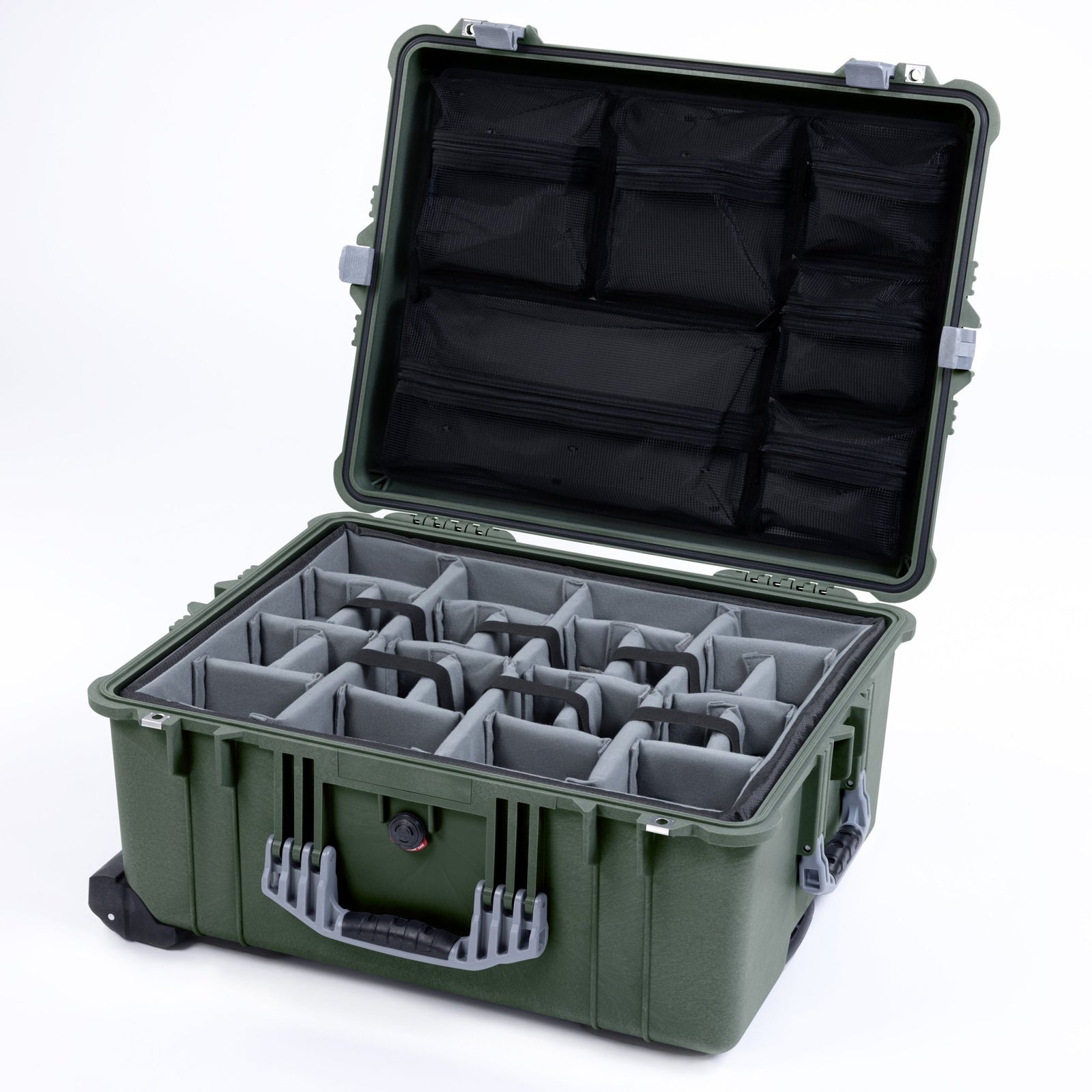 Pelican 1610 Case, OD Green with Silver Handles and Latches - Padded Microfiber Dividers / Mesh Lid Organizer