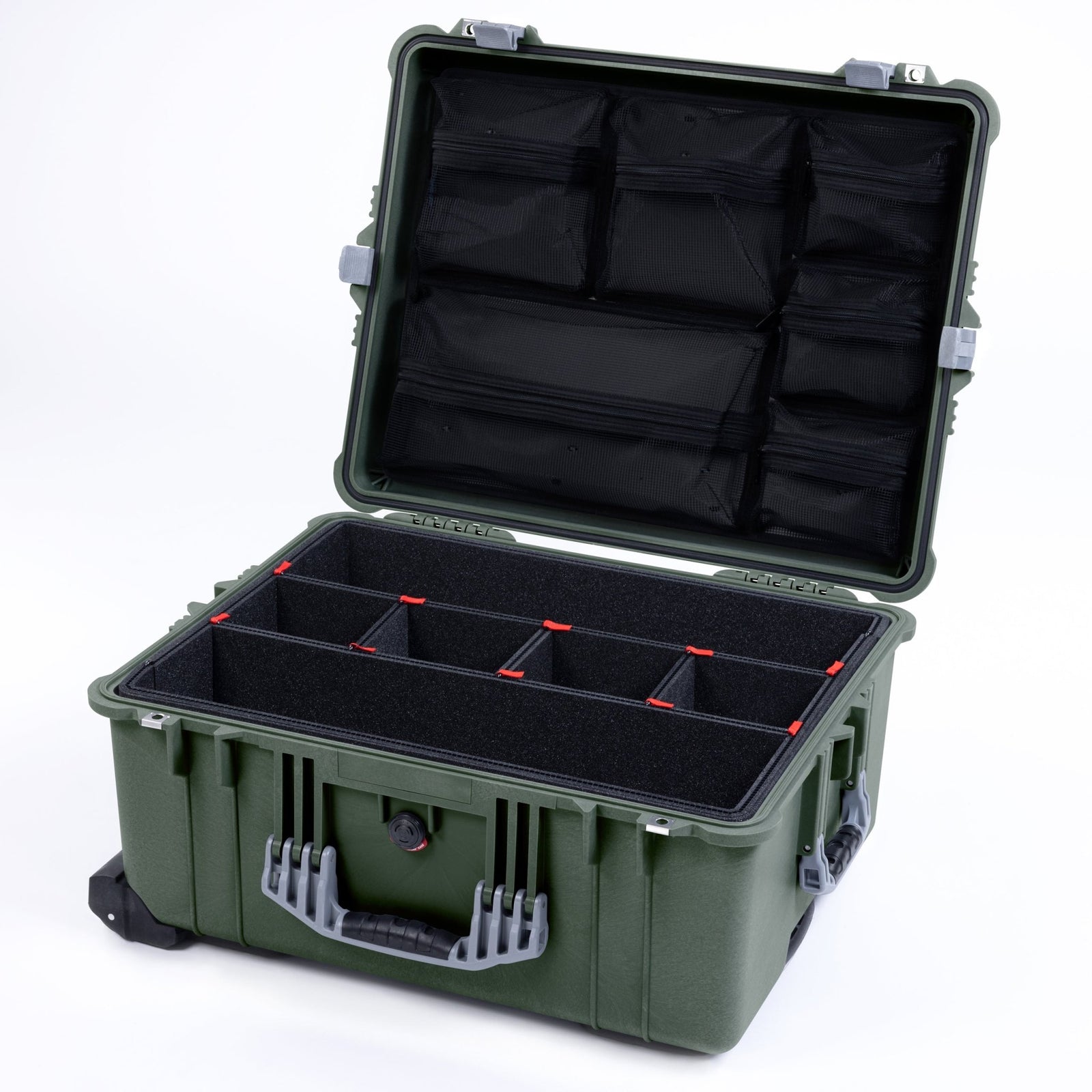 Pelican 1610 Case, OD Green with Silver Handles and Latches - TrekPak Divider System / Mesh Lid Organizer