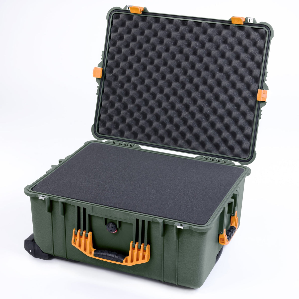 Pelican 1610 Case, OD Green with Yellow Handles and Latches - Pick &amp; Pluck Foam / Lid Foam