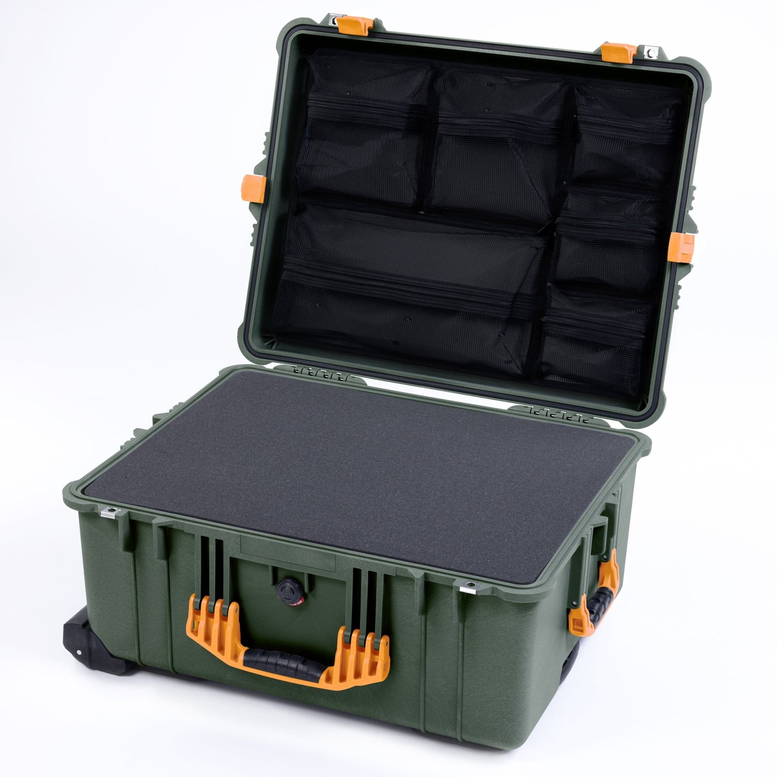 Pelican 1610 Case, OD Green with Yellow Handles and Latches - Pick & Pluck Foam / Mesh Lid Organizer
