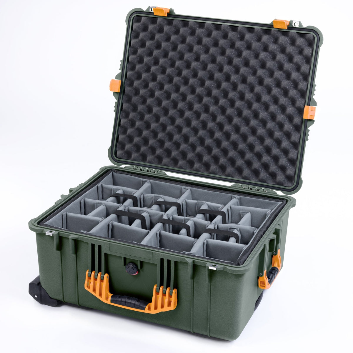 Pelican 1610 Case, OD Green with Yellow Handles and Latches - Padded Microfiber Dividers / Convoluted Lid Foam