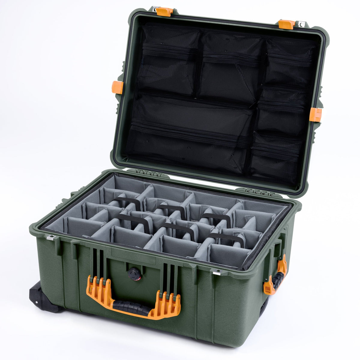 Pelican 1610 Case, OD Green with Yellow Handles and Latches - Padded Microfiber Dividers / Mesh Lid Organizer