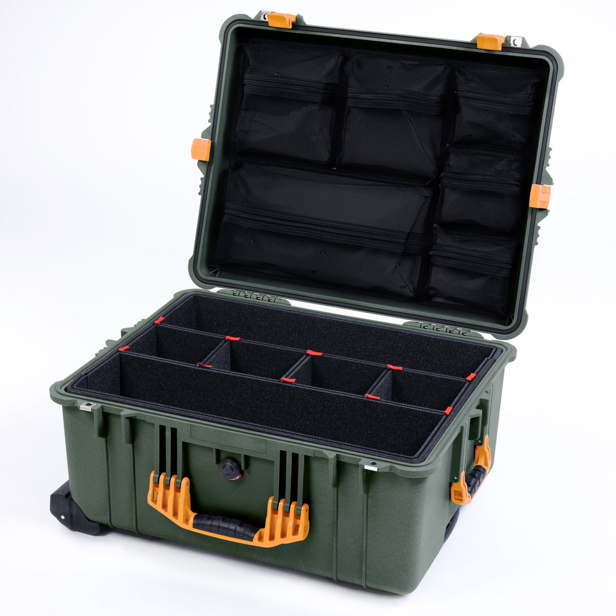 Pelican 1610 Case, OD Green with Yellow Handles and Latches - TrekPak Divider System / Mesh Lid Organizer