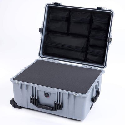 Pelican 1610 Case, Silver with Black Handles and Latches Pick & Pluck Foam with Mesh Lid Organizer ColorCase 016100-0101-180-110