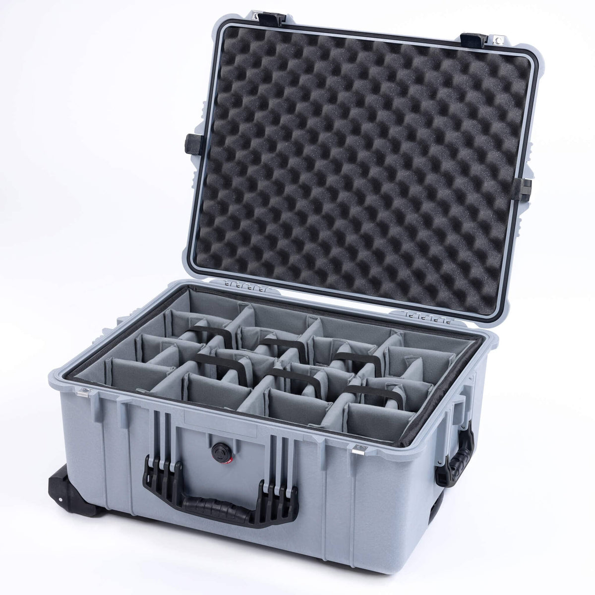 Pelican 1610 Case, Silver with Black Handles and Latches Gray Padded Microfiber Dividers with Convoluted Lid Foam ColorCase 016100-0070-180-110