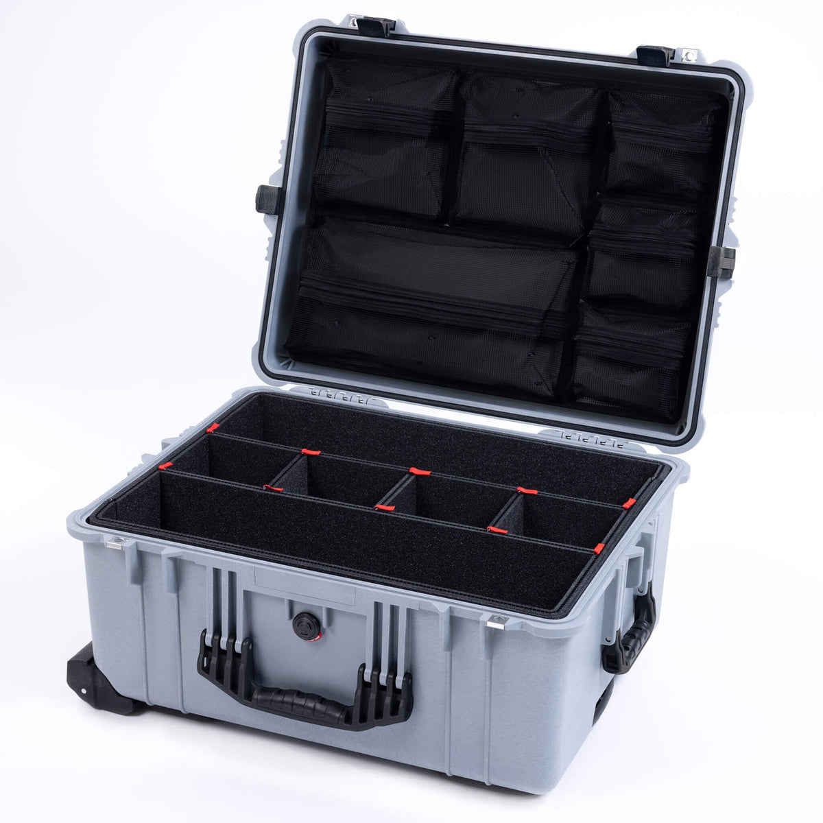 Pelican 1610 Case, Silver with Black Handles and Latches TrekPak Divider System with Mesh Lid Organizer ColorCase 016100-0120-180-110
