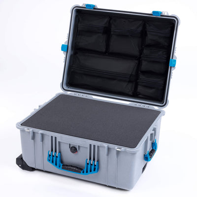Pelican 1610 Case, Silver with Blue Handles and Latches Pick & Pluck Foam with Mesh Lid Organizer ColorCase 016100-0101-180-120