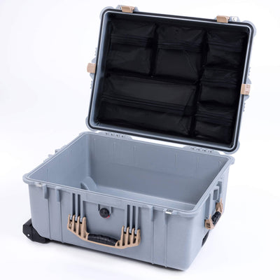 Pelican 1610 Case, Silver with Desert Tan Handles and Latches Mesh Lid Organizer Only ColorCase 016100-0100-180-310