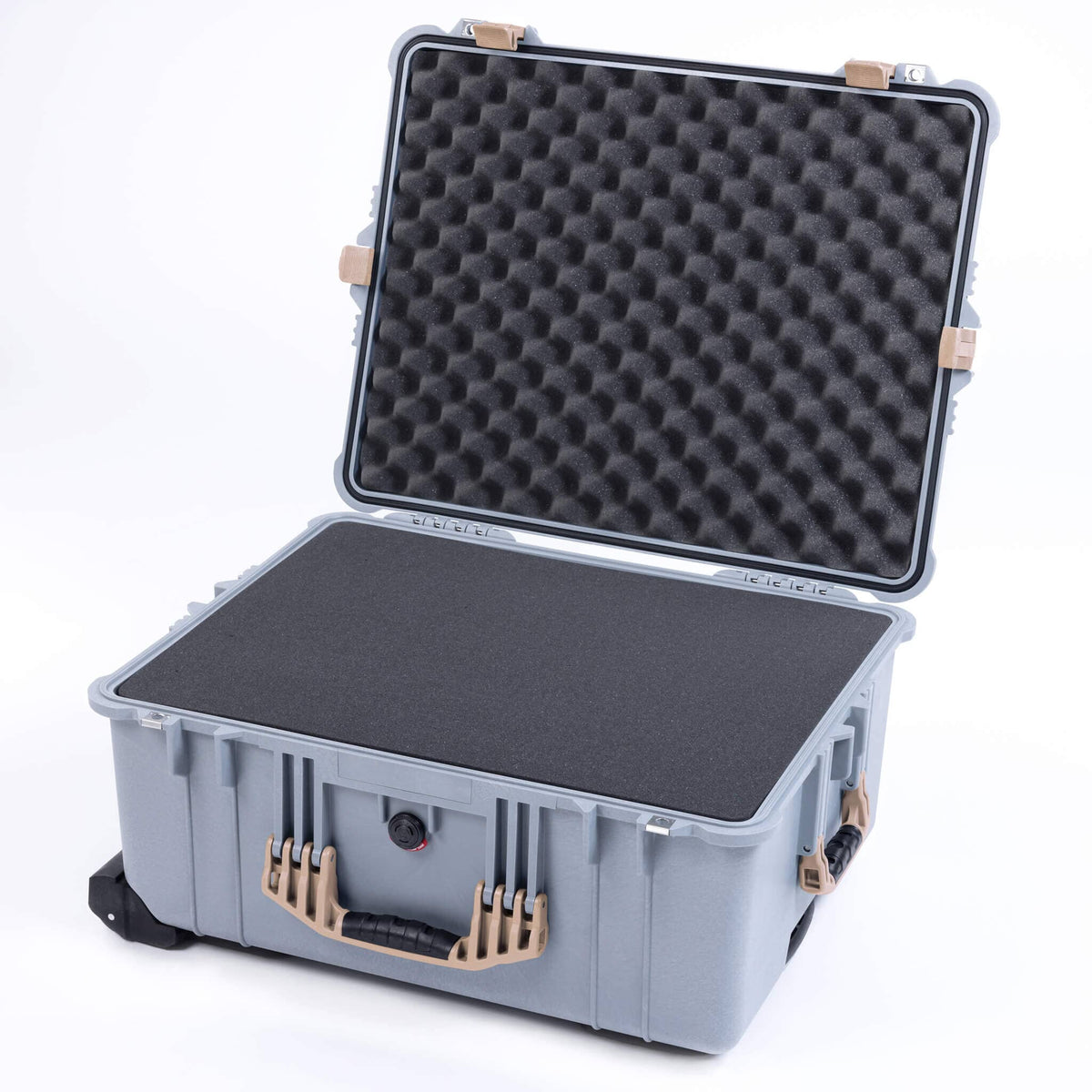 Pelican 1610 Case, Silver with Desert Tan Handles and Latches Pick &amp; Pluck Foam with Convoluted Lid Foam ColorCase 016100-0001-180-310