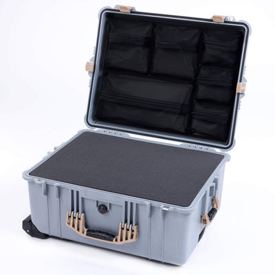 Pelican 1610 Case, Silver with Desert Tan Handles and Latches Pick & Pluck Foam with Mesh Lid Organizer ColorCase 016100-0101-180-310
