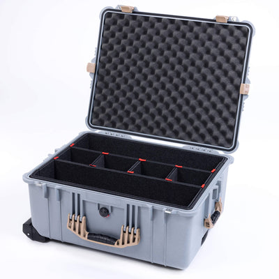 Pelican 1610 Case, Silver with Desert Tan Handles and Latches TrekPak Divider System with Convoluted Lid Foam ColorCase 016100-0020-180-310