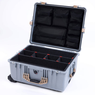 Pelican 1610 Case, Silver with Desert Tan Handles and Latches TrekPak Divider System with Mesh Lid Organizer ColorCase 016100-0120-180-310