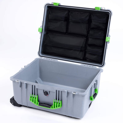 Pelican 1610 Case, Silver with Lime Green Handles and Latches Mesh Lid Organizer Only ColorCase 016100-0100-180-300