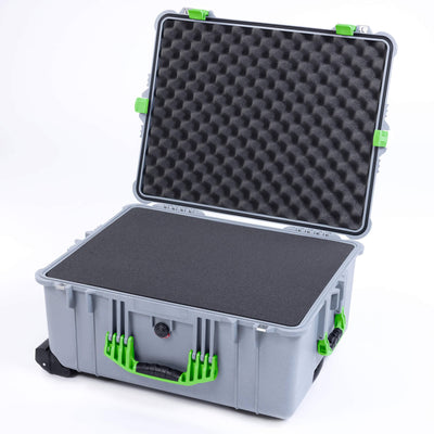 Pelican 1610 Case, Silver with Lime Green Handles and Latches Pick & Pluck Foam with Convoluted Lid Foam ColorCase 016100-0001-180-300