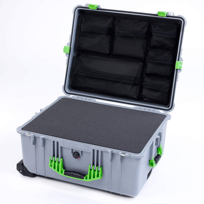 Pelican 1610 Case, Silver with Lime Green Handles and Latches Pick & Pluck Foam with Mesh Lid Organizer ColorCase 016100-0101-180-300