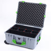 Pelican 1610 Case, Silver with Lime Green Handles and Latches TrekPak Divider System with Convoluted Lid Foam ColorCase 016100-0020-180-300