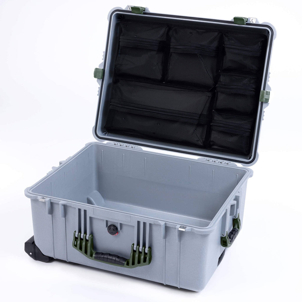 Pelican 1610 Case, Silver with OD Green Handles &amp; Latches Mesh Lid Organizer Only ColorCase 016100-0100-180-130