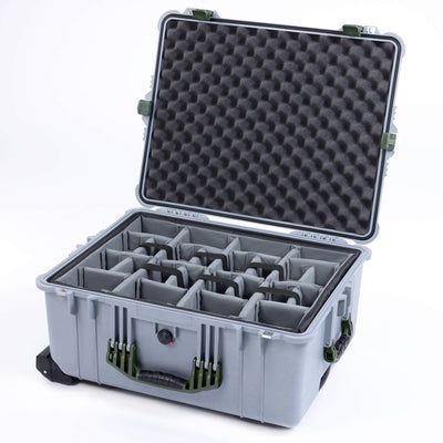 Pelican 1610 Case, Silver with OD Green Handles & Latches Gray Padded Microfiber Dividers with Convoluted Lid Foam ColorCase 016100-0070-180-130