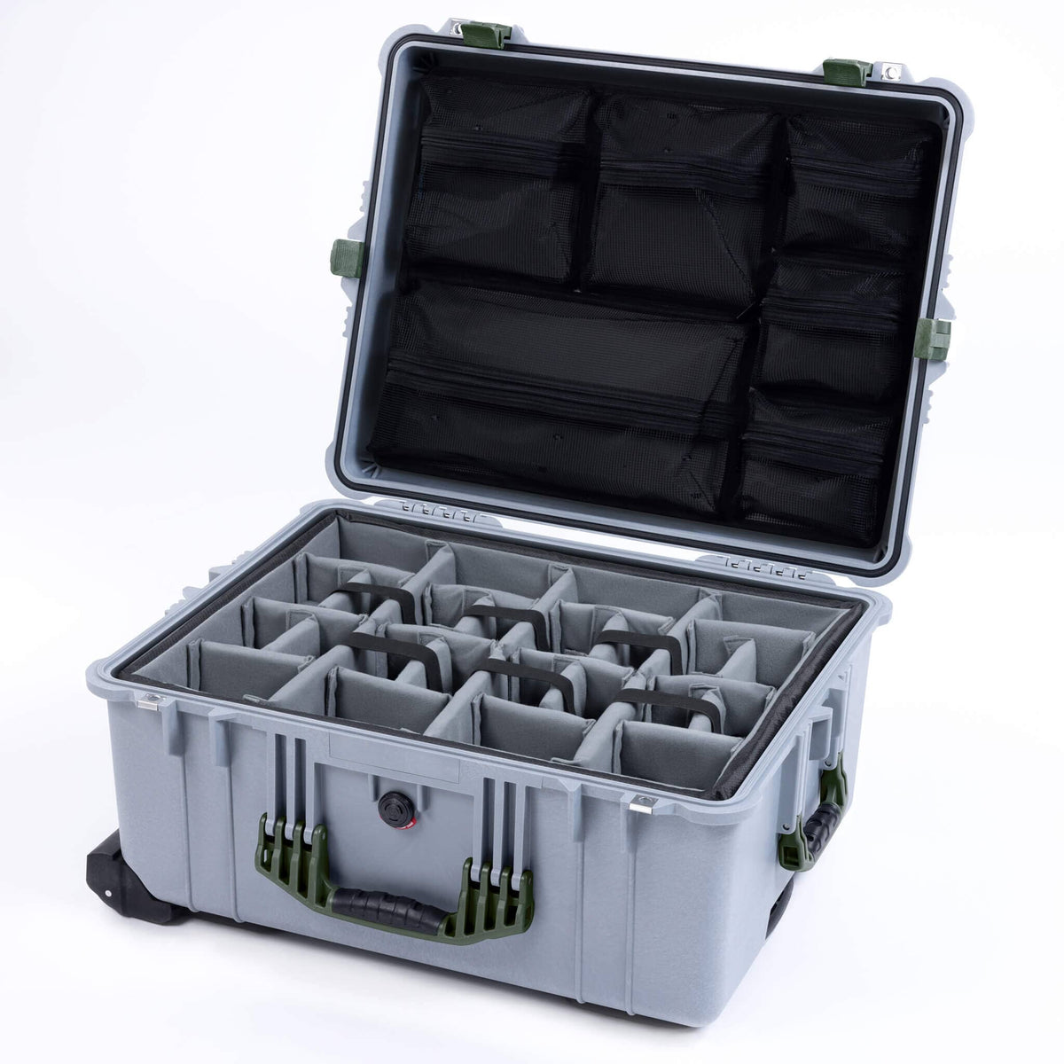 Pelican 1610 Case, Silver with OD Green Handles &amp; Latches Gray Padded Microfiber Dividers with Mesh Lid Organizer ColorCase 016100-0170-180-130