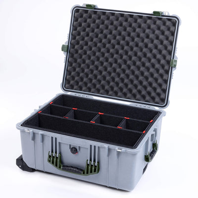 Pelican 1610 Case, Silver with OD Green Handles & Latches TrekPak Divider System with Convoluted Lid Foam ColorCase 016100-0020-180-130