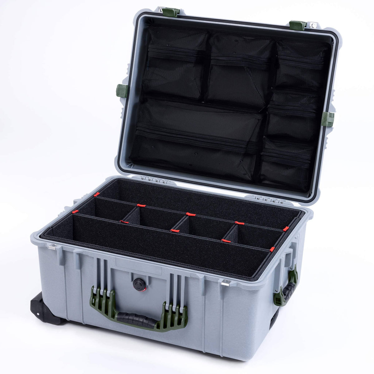 Pelican 1610 Case, Silver with OD Green Handles &amp; Latches TrekPak Divider System with Mesh Lid Organizer ColorCase 016100-0120-180-130