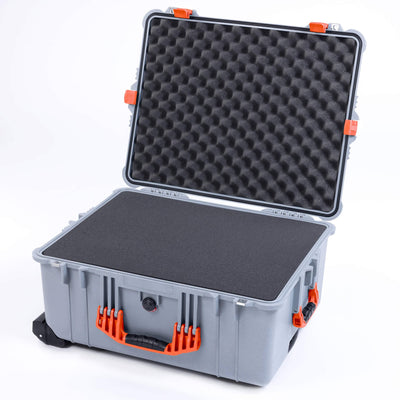 Pelican 1610 Case, Silver with Orange Handles and Latches Pick & Pluck Foam with Convoluted Lid Foam ColorCase 016100-0001-180-150