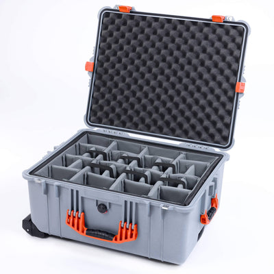 Pelican 1610 Case, Silver with Orange Handles and Latches Gray Padded Microfiber Dividers with Convoluted Lid Foam ColorCase 016100-0070-180-150
