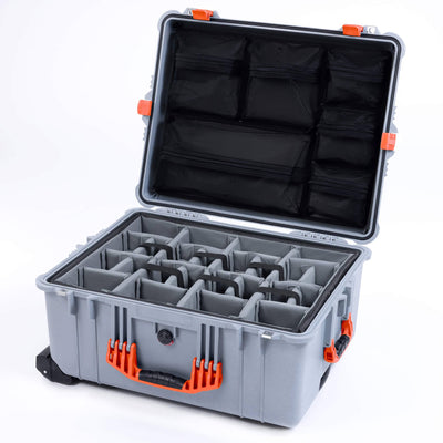 Pelican 1610 Case, Silver with Orange Handles and Latches Gray Padded Microfiber Dividers with Mesh Lid Organizer ColorCase 016100-0170-180-150