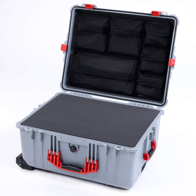 Pelican 1610 Case, Silver with Red Handles and Latches Pick & Pluck Foam with Mesh Lid Organizer ColorCase 016100-0101-180-320