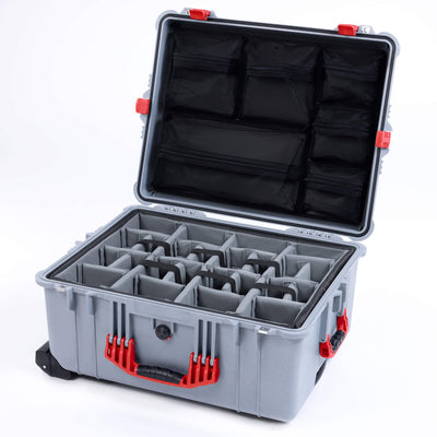 Pelican 1610 Case, Silver with Red Handles and Latches Gray Padded Microfiber Dividers with Mesh Lid Organizer ColorCase 016100-0170-180-320