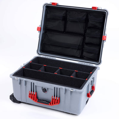 Pelican 1610 Case, Silver with Red Handles and Latches TrekPak Divider System with Mesh Lid Organizer ColorCase 016100-0120-180-320