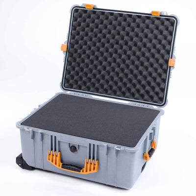 Pelican 1610 Case, Silver with Yellow Handles and Latches Pick & Pluck Foam with Convoluted Lid Foam ColorCase 016100-0001-180-240