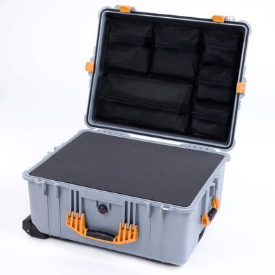 Pelican 1610 Case, Silver with Yellow Handles and Latches Pick & Pluck Foam with Mesh Lid Organizer ColorCase 016100-0101-180-240