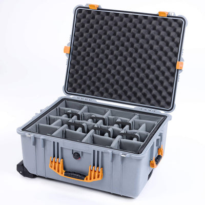 Pelican 1610 Case, Silver with Yellow Handles and Latches Gray Padded Microfiber Dividers with Convoluted Lid Foam ColorCase 016100-0070-180-240