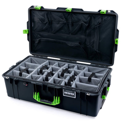 Pelican 1615 Air Case, Black with Lime Green Handles & Latches Gray Padded Microfiber Dividers with Mesh Lid Organizer ColorCase 016150-0170-110-301