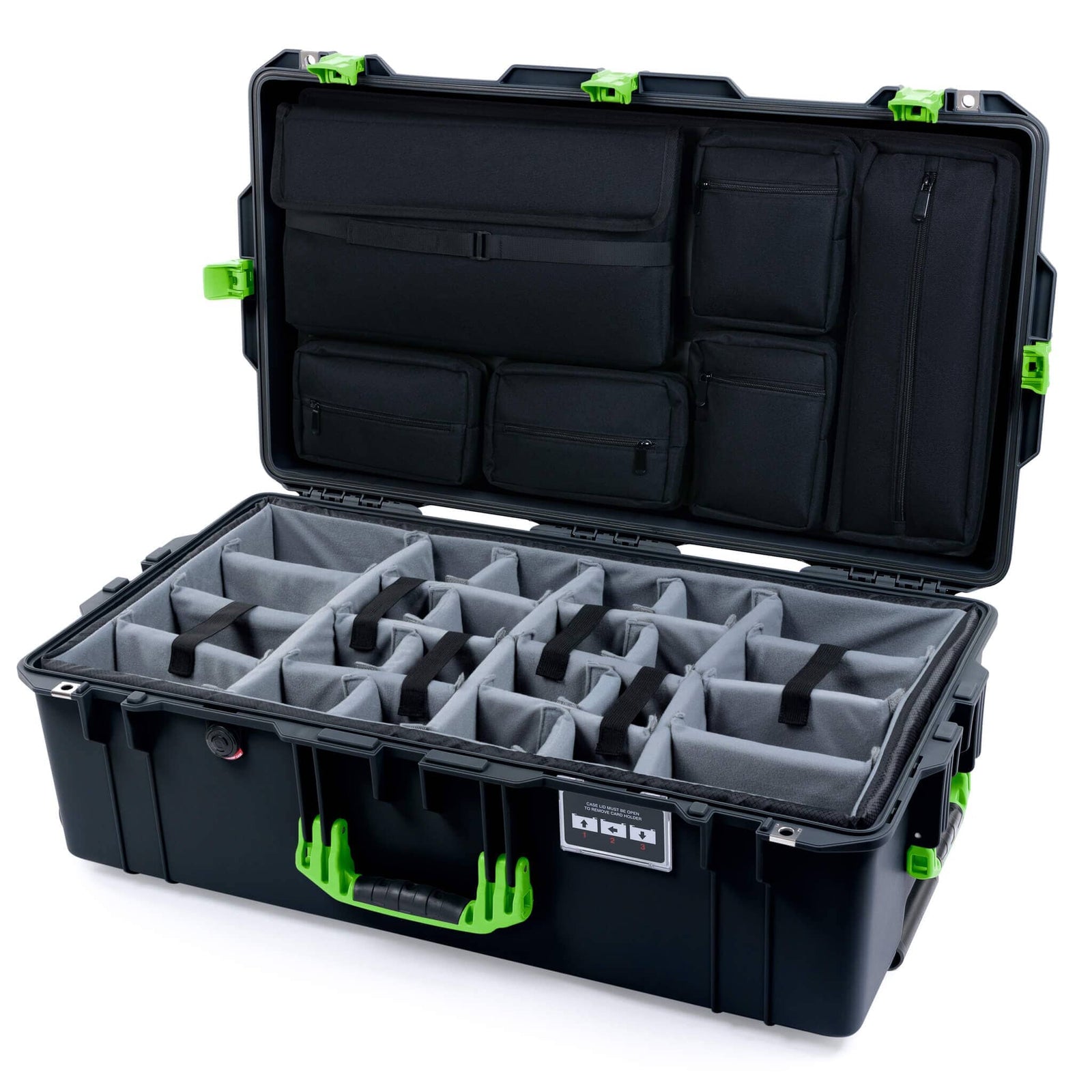 Pelican 1615 Air Case - Black & Lime Green Padded Microfiber Dividers / Laptop Computer Lid Pouch ColorCase 016150-0270-110-301