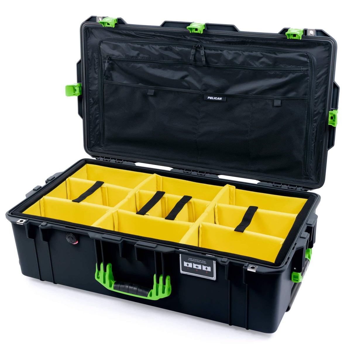 Pelican 1615 Air Case - Black &amp; Lime Green Yellow Padded Microfiber Dividers / TRVL Lid Organizer ColorCase 016150-0310-110-301