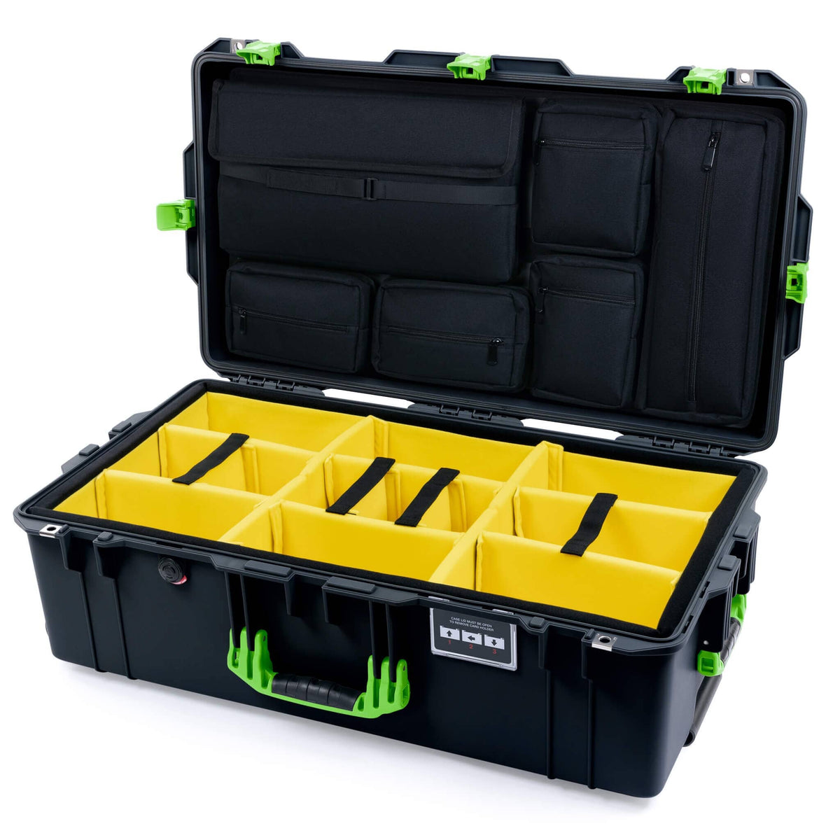 Pelican 1615 Air Case - Black &amp; Lime Green Yellow Padded Microfiber Dividers / Laptop Computer Lid Pouch ColorCase 016150-0210-110-301